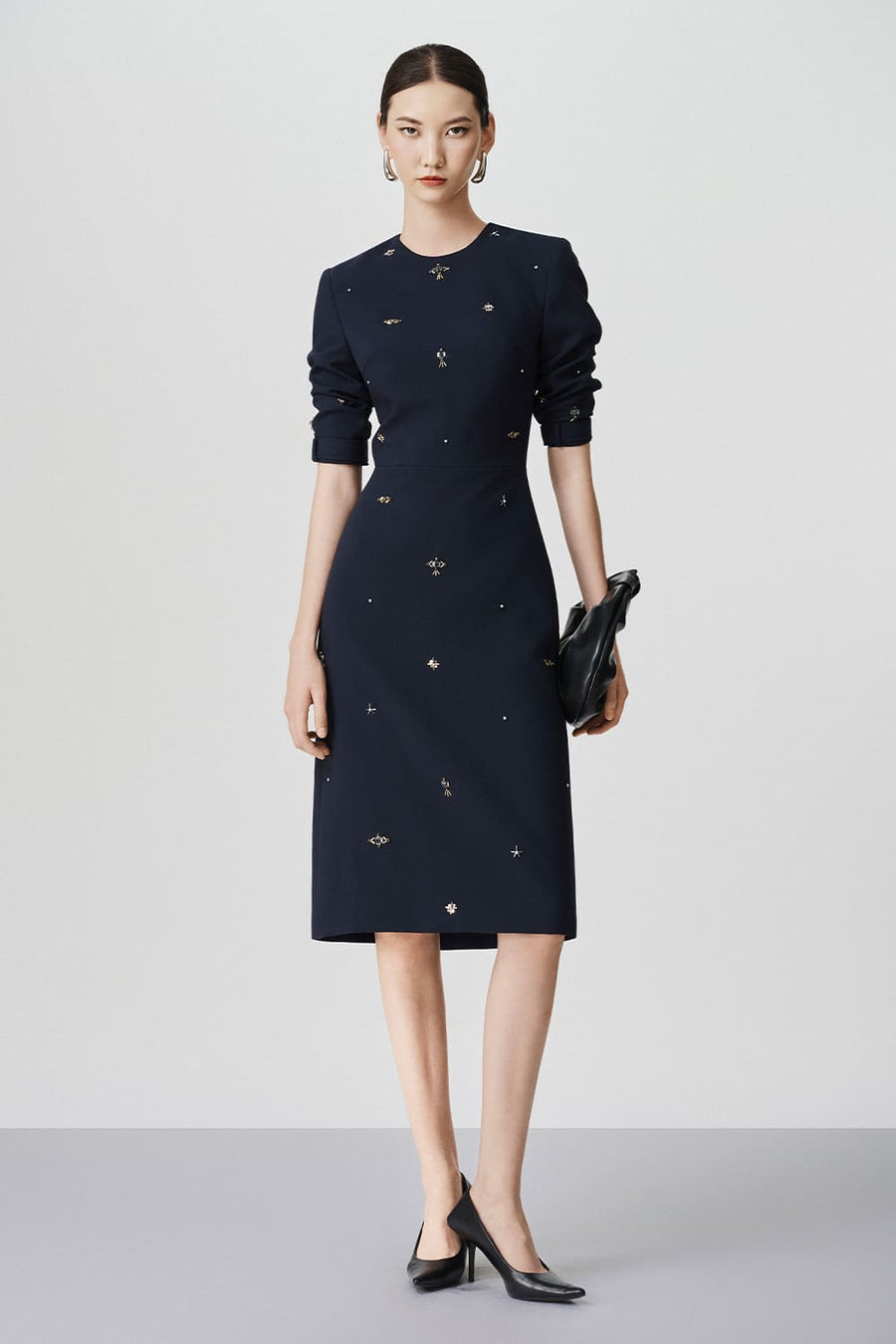 Halle Sheath Round Neck Wool Midi Dress 1