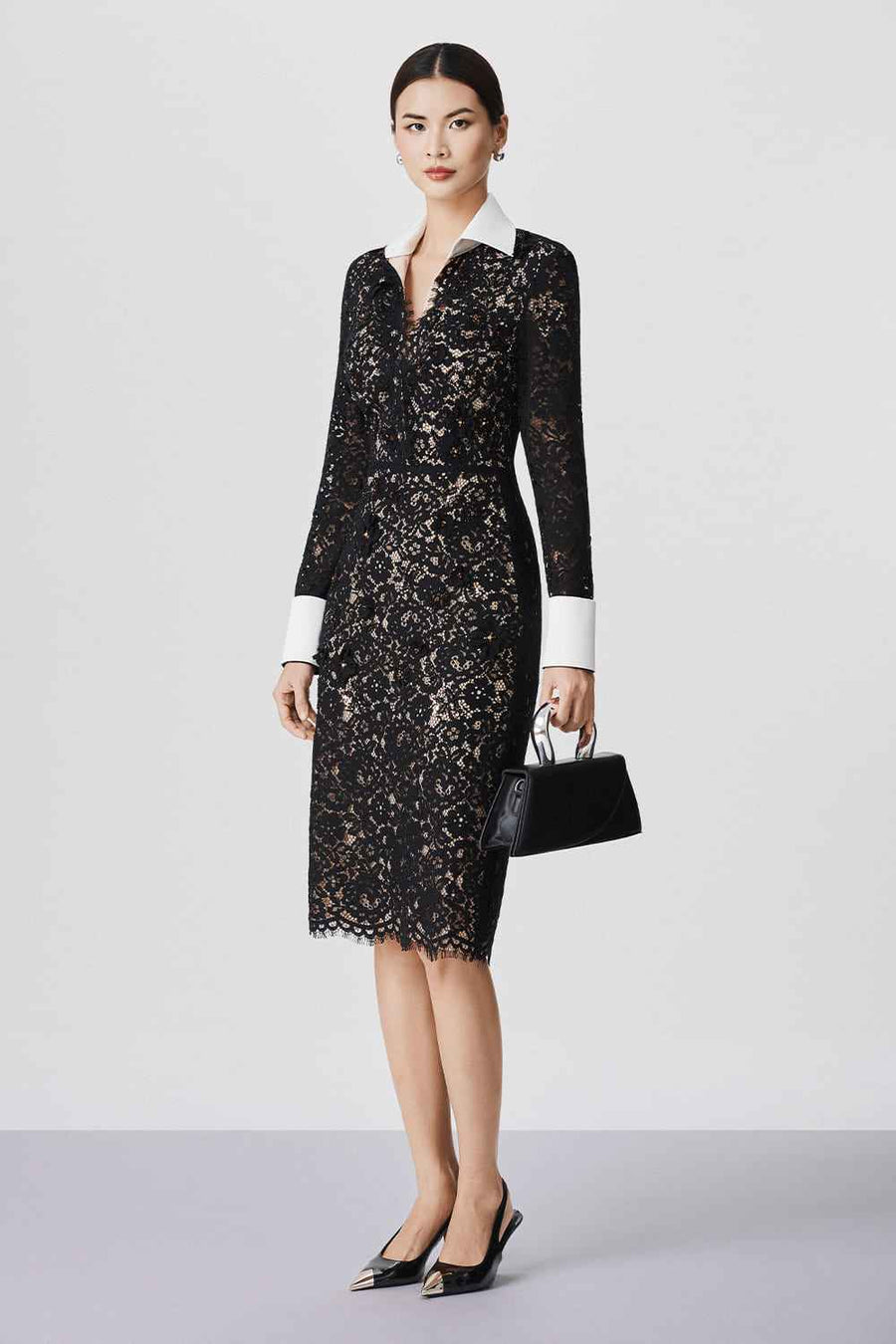 Fallon Sheath Cuff Sleeved Lace Midi Dress
