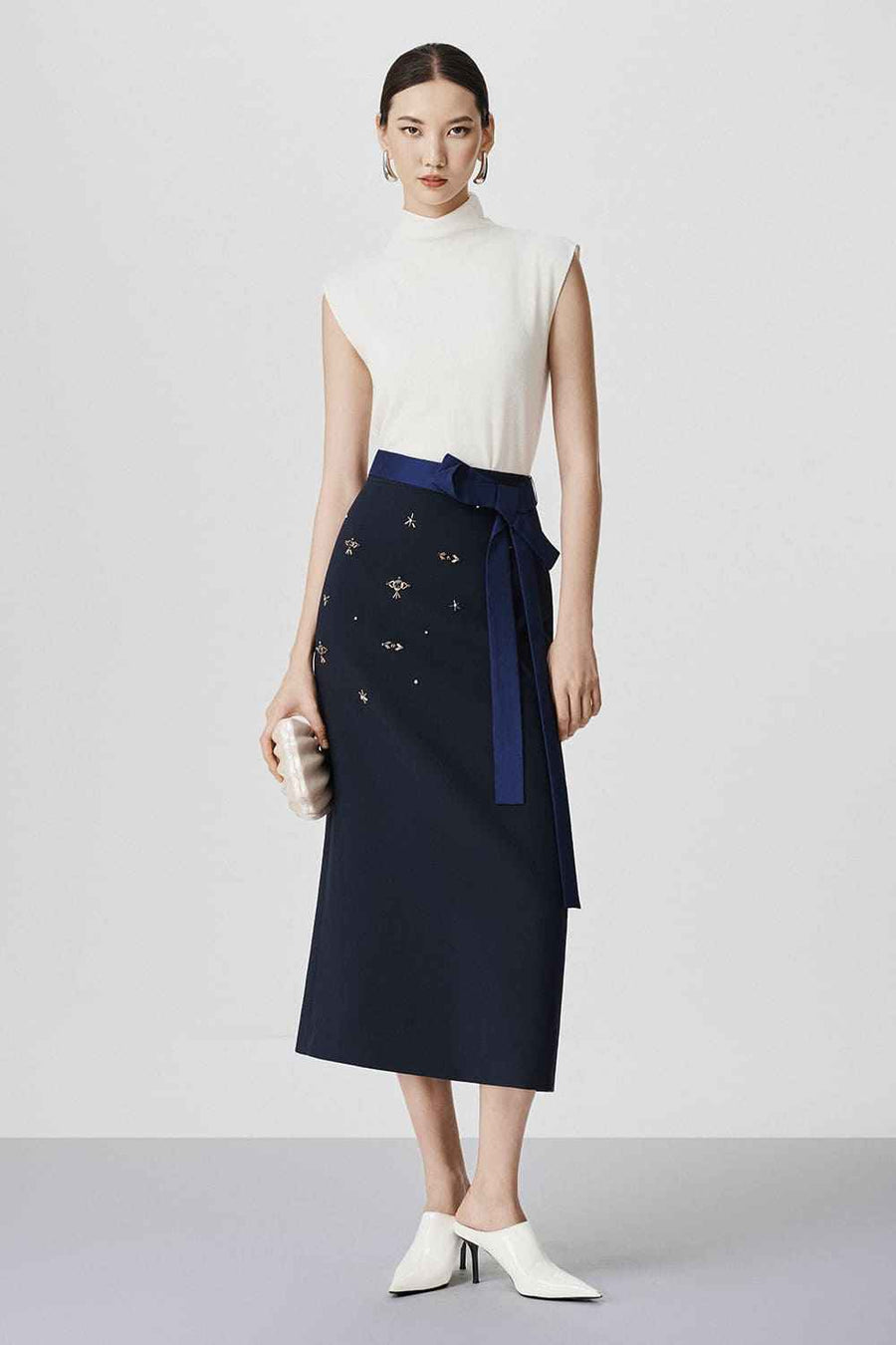 Estelle Pencil Bow Tie Wool Midi Skirt
