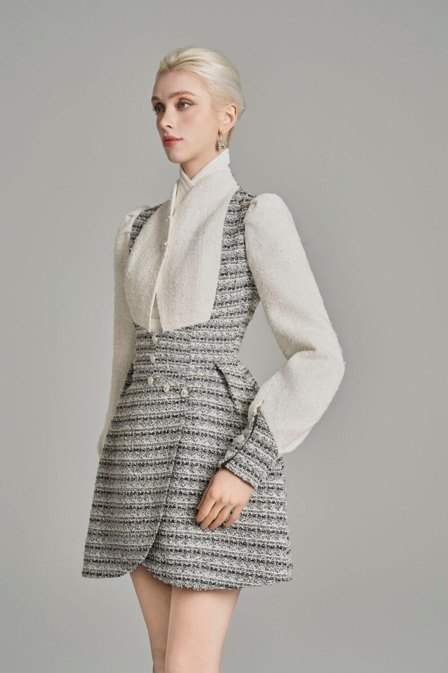 Gwen Tulip Cuff Sleeved Tweed Mini Dress Black and White Mini Dress Cordia