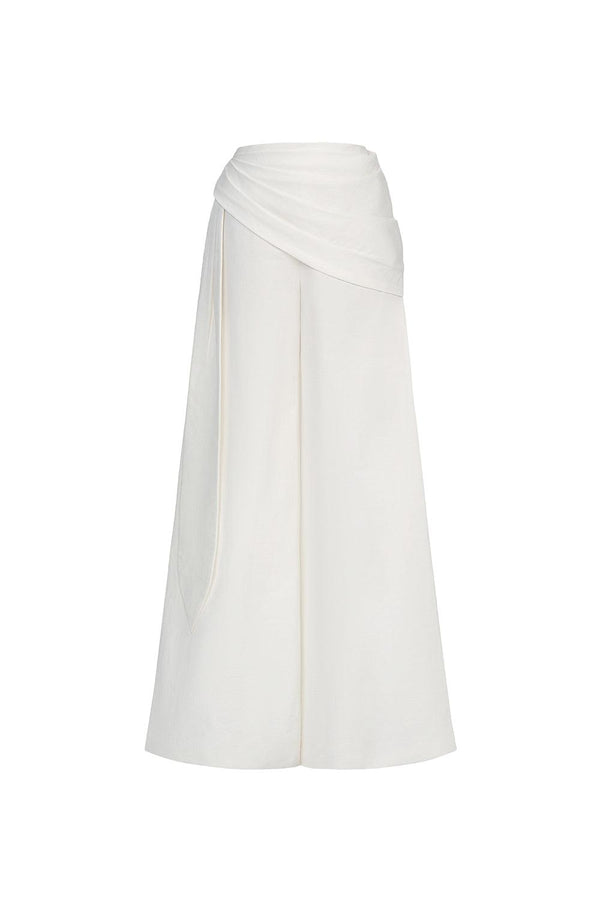 Ha Flared Waist Pleated Linen Blend Floor Length Pants