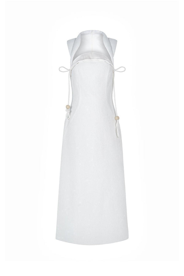 Ha Van A-line Queen Anne Neck Ribbed Cotton Midi Dress