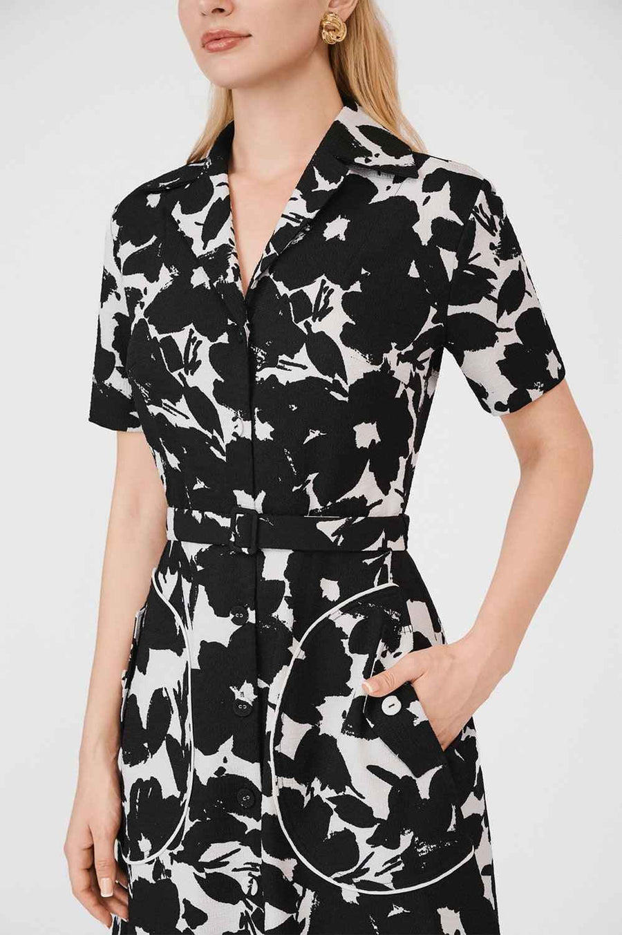 Hadlee Fit and Flare Notch Lapel Poly Silk Midi Dress