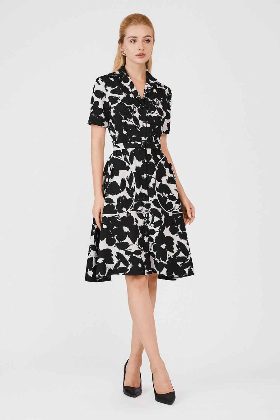 Hadlee Fit and Flare Notch Lapel Poly Silk Midi Dress