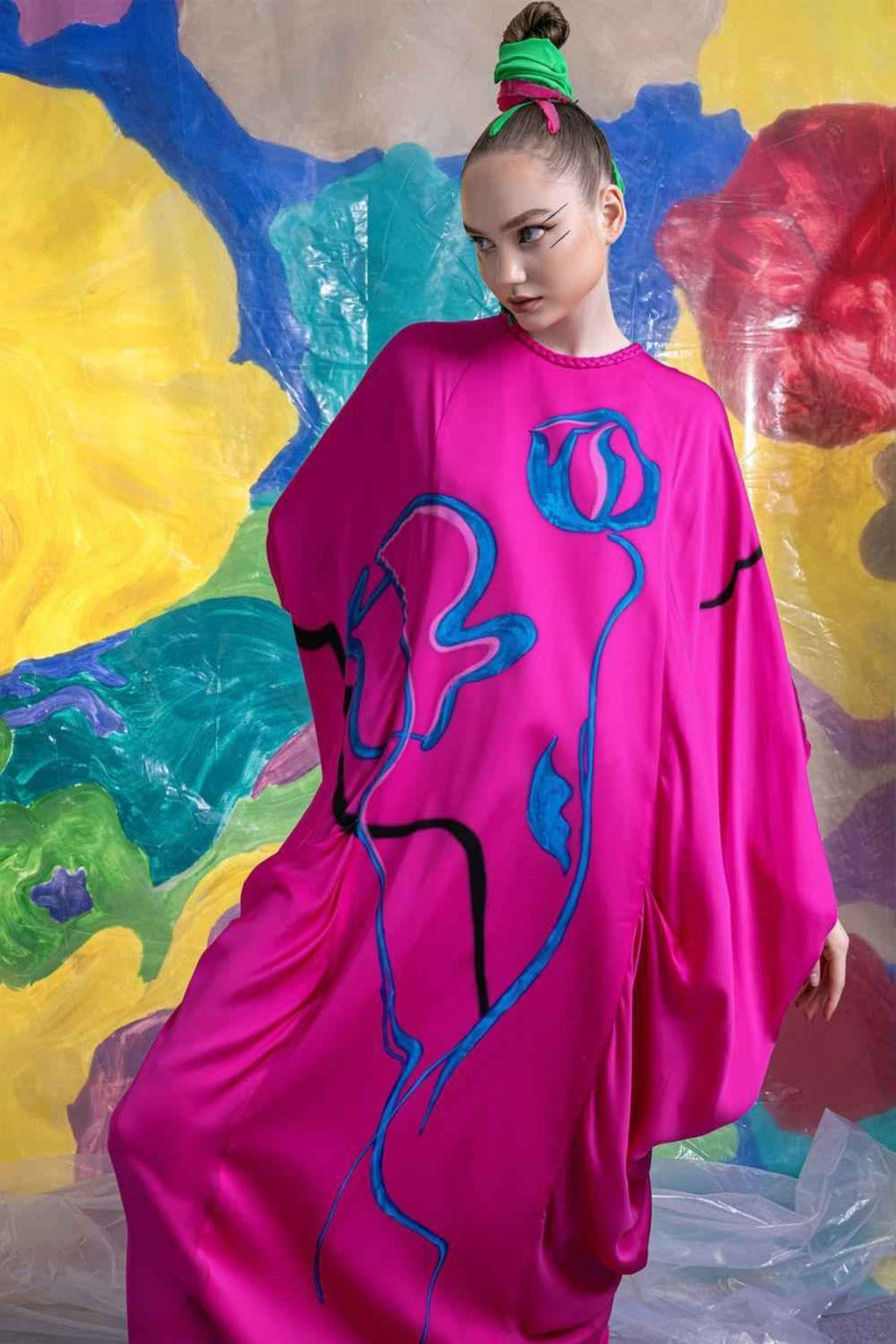 Hadley Straight Batwing Sleeved Satin Floor Length Dress