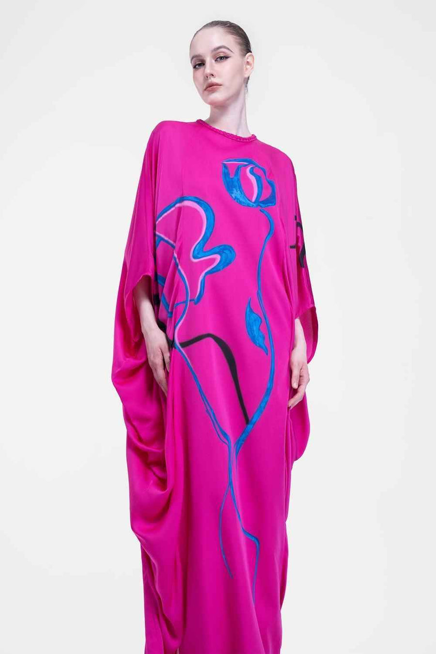 Hadley Straight Batwing Sleeved Satin Floor Length Dress