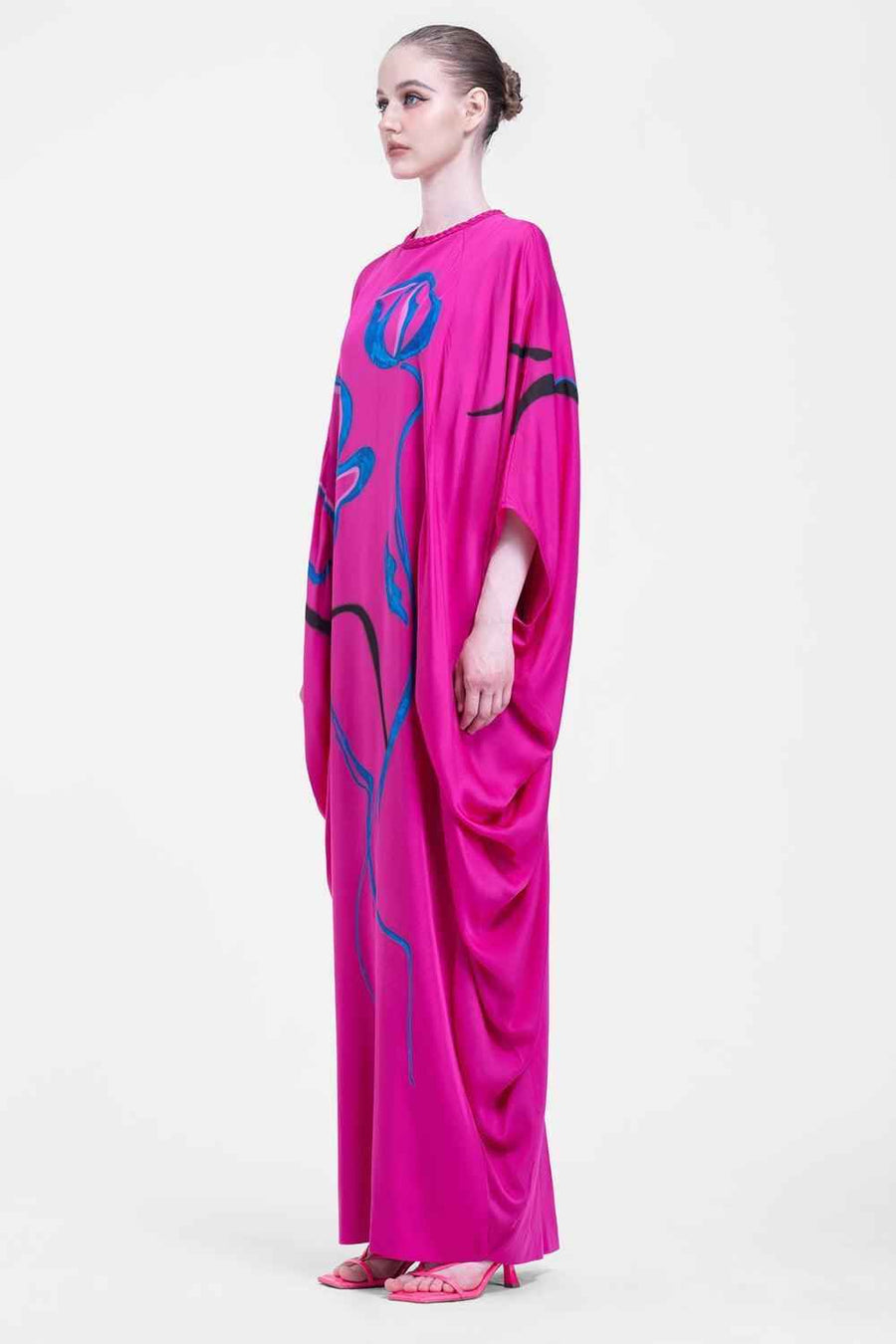 Hadley Straight Batwing Sleeved Satin Floor Length Dress