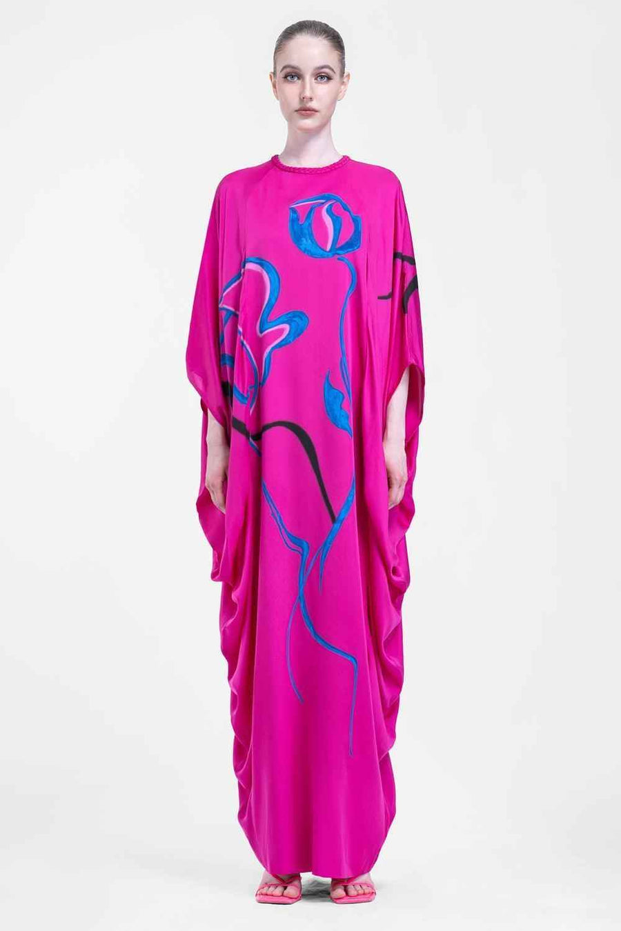Hadley Straight Batwing Sleeved Satin Floor Length Dress
