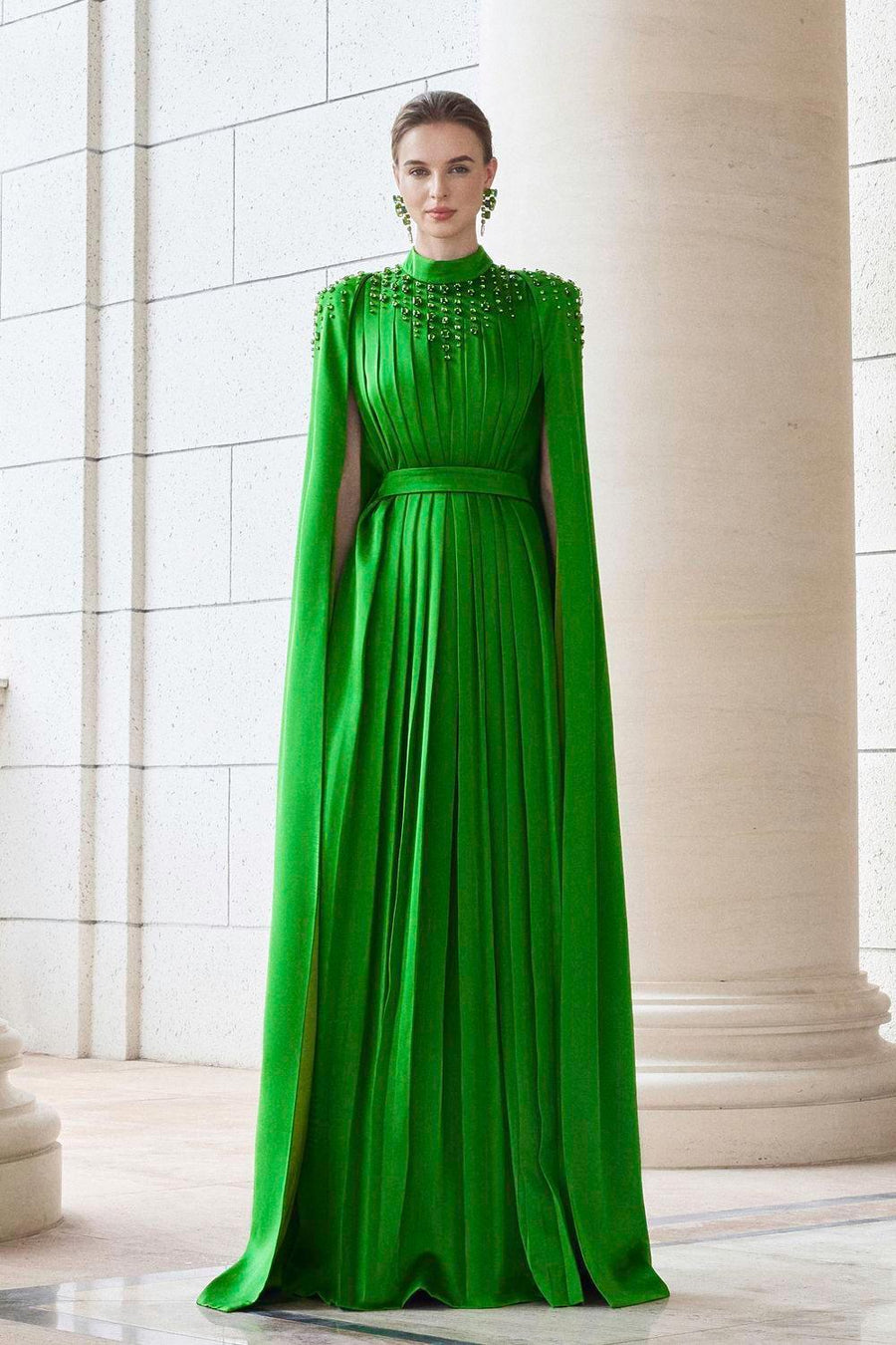 Halcyon Cape Pleated Silk Floor Length Dress Emerald Gown Dress I.H.F Atelier