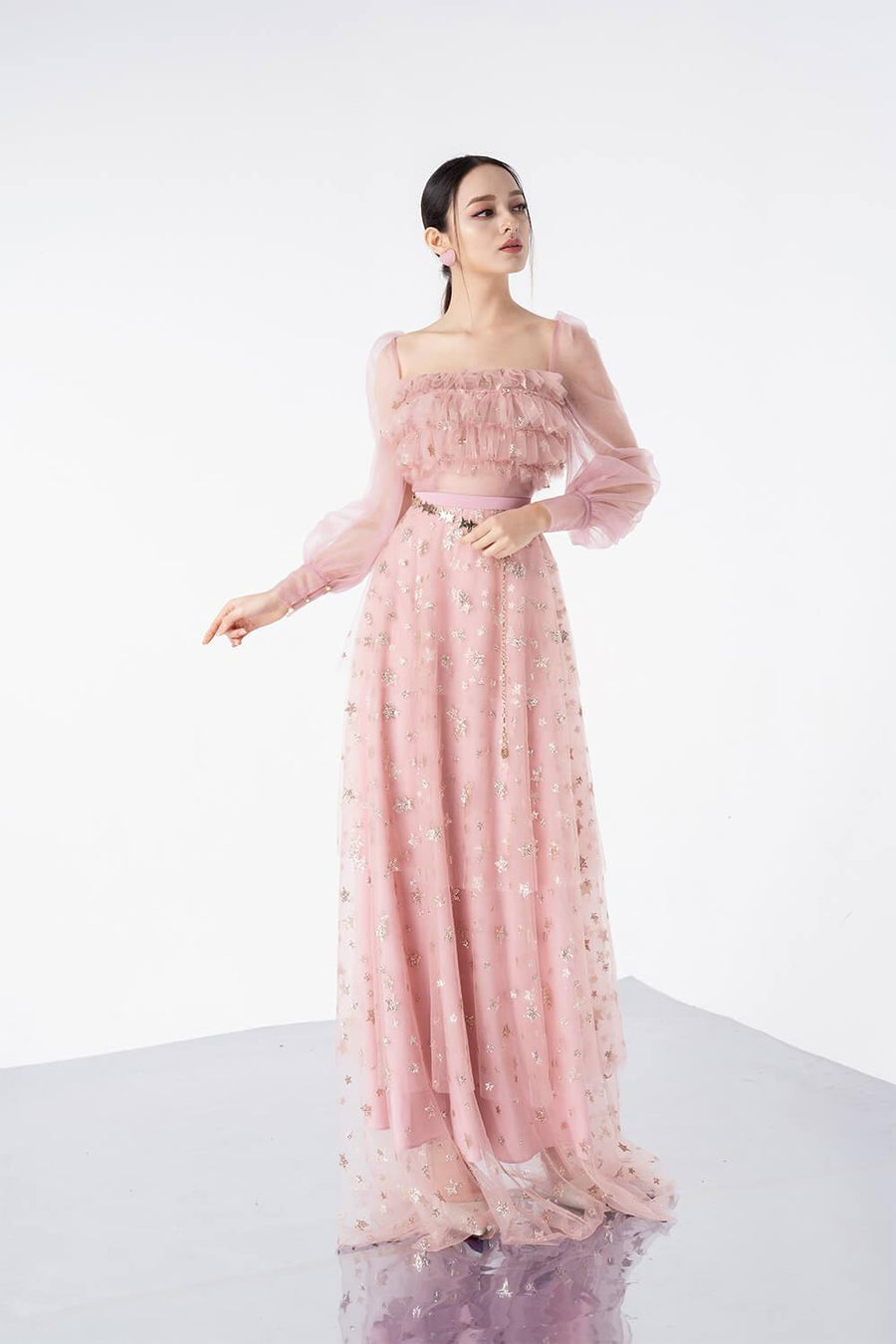 Hannah Layered Square Neck Mesh Sheer Maxi Dress 6