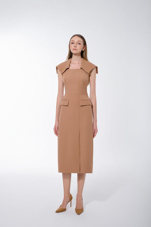 Hannah Pencil Cape Shoulder Twill Midi Dress