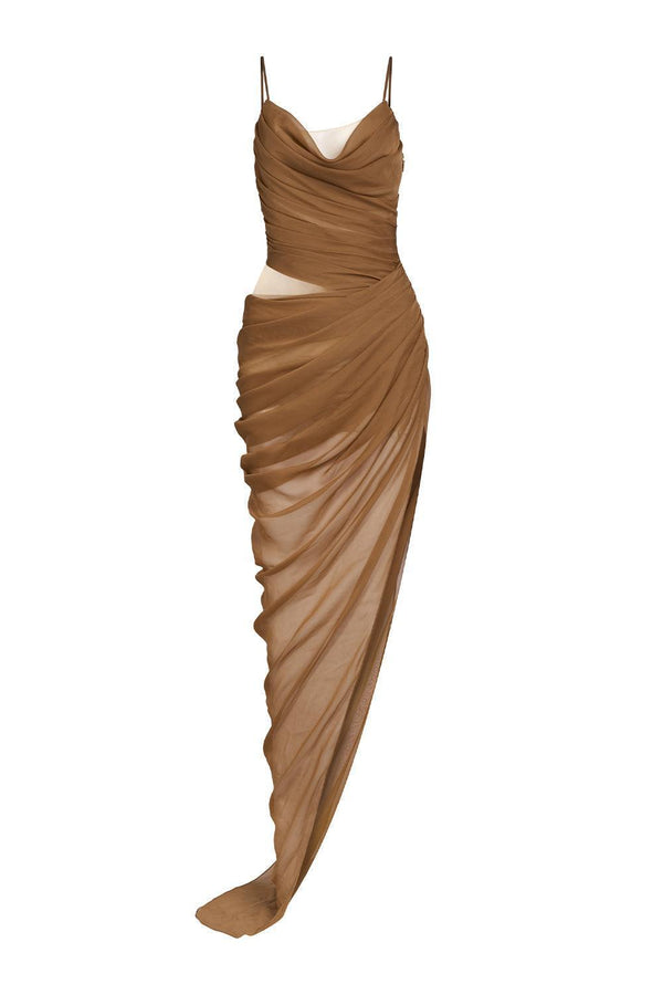 Harrell Asymmetric Pleated Mesh Spandex Floor Length Dress