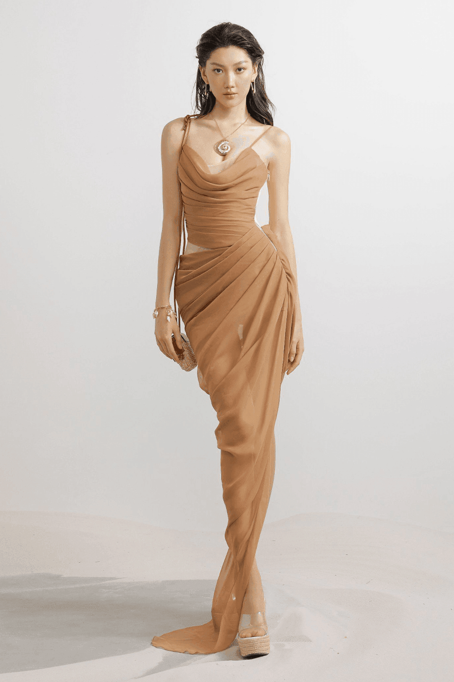 Harrell Asymmetric Pleated Mesh Spandex Floor Length Dress Maxi Dress LASSY