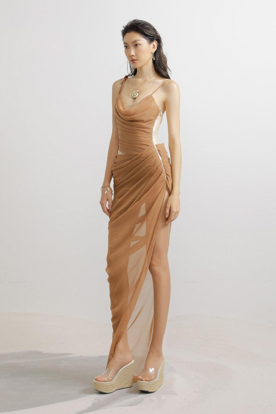 Harrell Asymmetric Pleated Mesh Spandex Floor Length Dress Maxi Dress LASSY