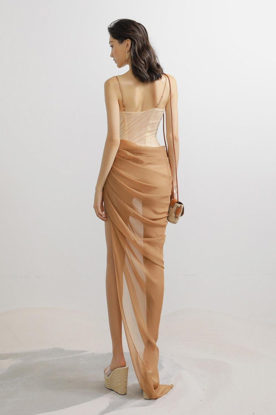 Harrell Asymmetric Pleated Mesh Spandex Floor Length Dress Maxi Dress LASSY