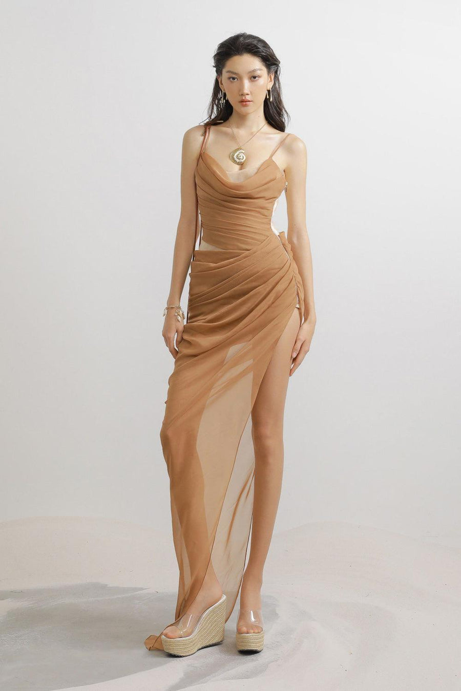 Harrell Asymmetric Pleated Mesh Spandex Floor Length Dress Beige Maxi Dress LASSY