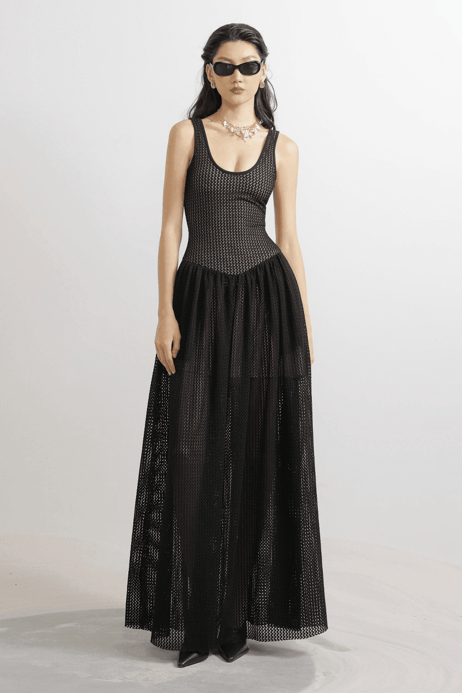 Hartman A-line Scoop Neck Mesh Lace Floor Length Dress Maxi Dress LASSY