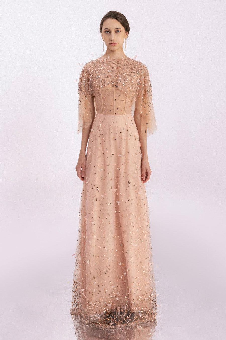 Hayes A-line Cape Sleeved Mesh Silk Floor Length Set 8