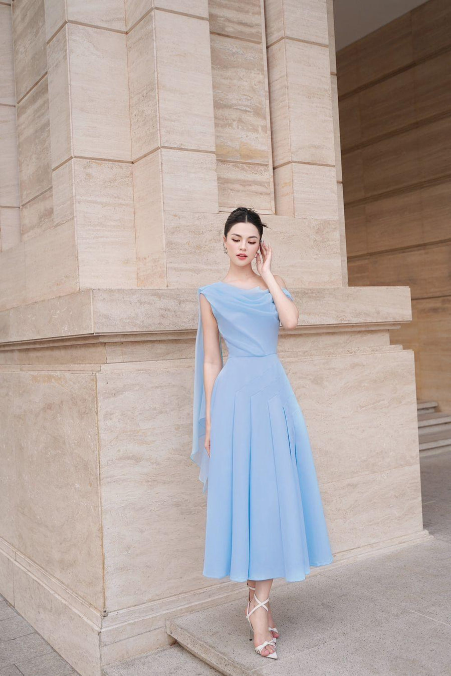 Hazel Pleated Asymmetric Sleeved Organza Voile Midi Dress Blue Midi Dress Larmes