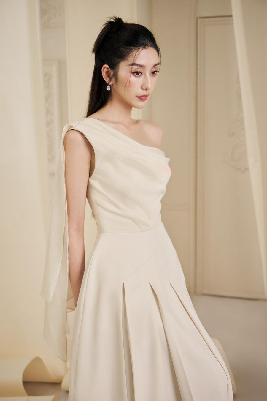 Hazel Pleated Asymmetric Sleeved Organza Voile Midi Dress Cream Beige Midi Dress Larmes