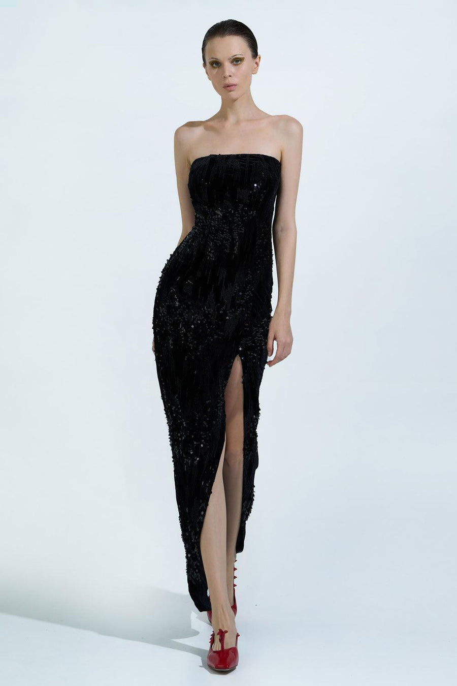 Hedi Strapless Slit Hem Velvet Ankle Length Dress 4