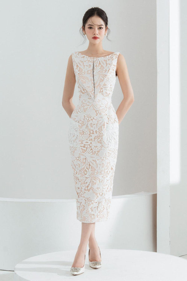 Helen Pencil Boat Neck Lace Midi Dress