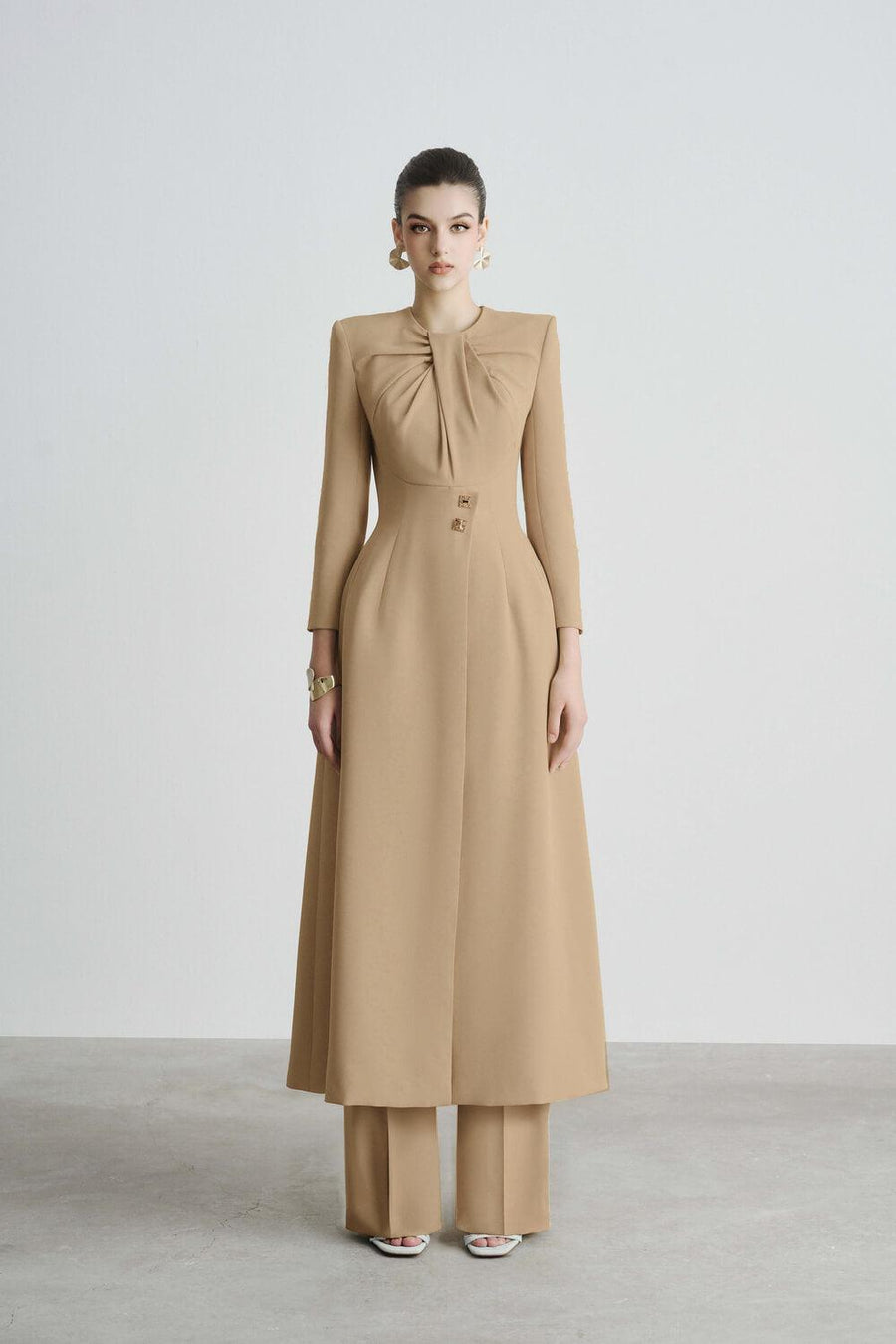 Helen Slit Square Shoulder Polyester Long Length Shirt Camel Shirt Maison des Copains