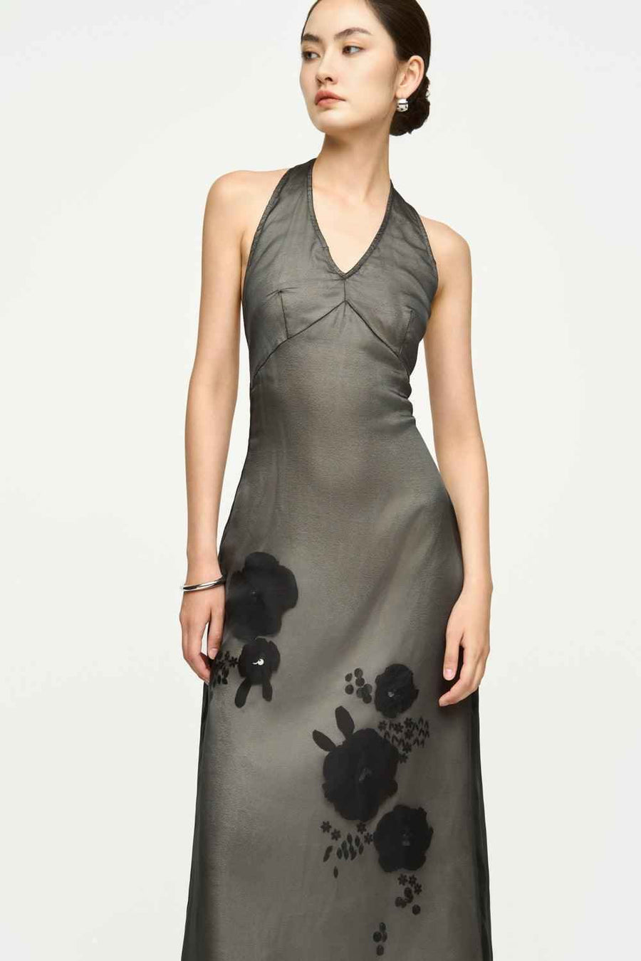 Helena Halter Flower Applique Chiffon Midi Dress