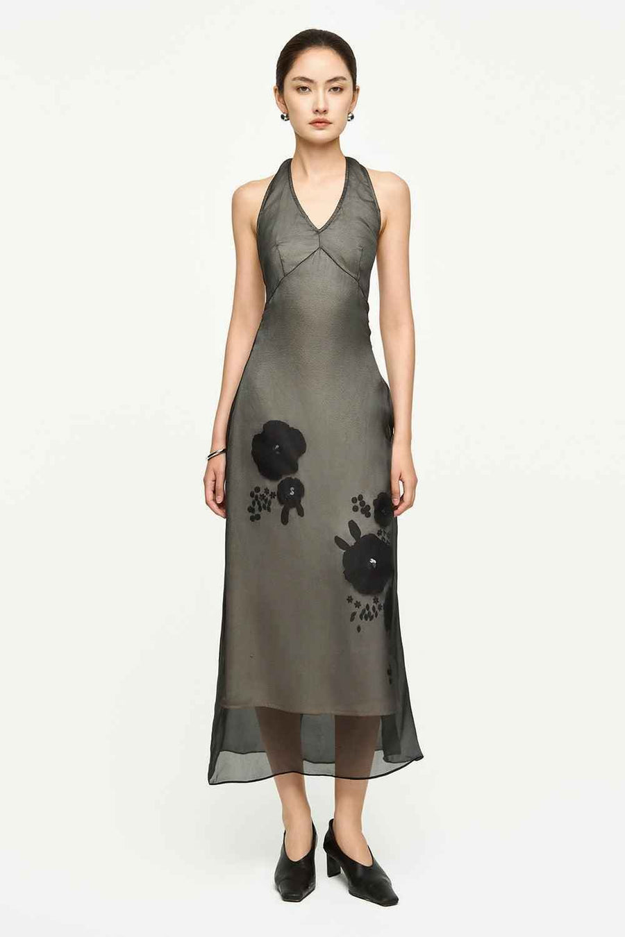Helena Halter Flower Applique Chiffon Midi Dress