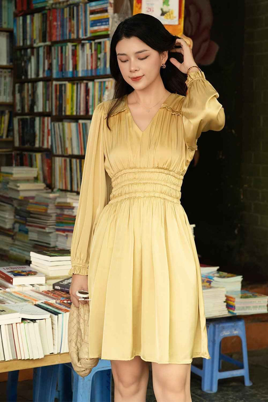 Helga A-line Gathered Silk Satin Above The Knee Dress