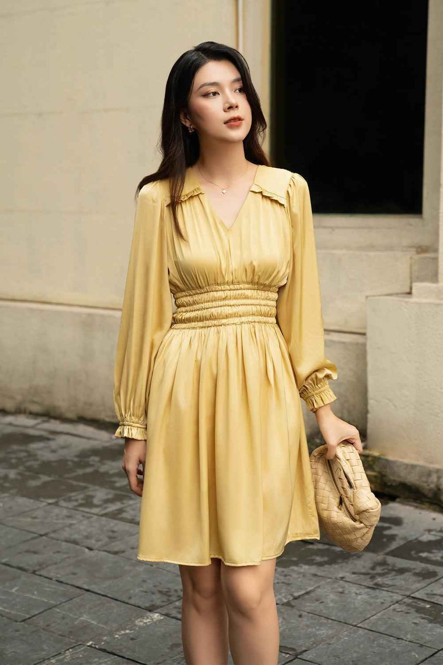 Helga A-line Gathered Silk Satin Above The Knee Dress