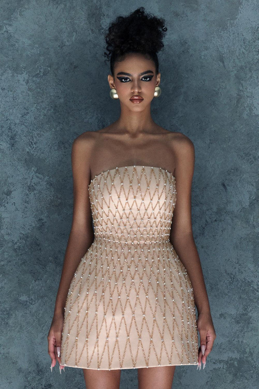 Heliya A-line Straight Across Neck Silk Mini Dress Nude Mini Dress CEM