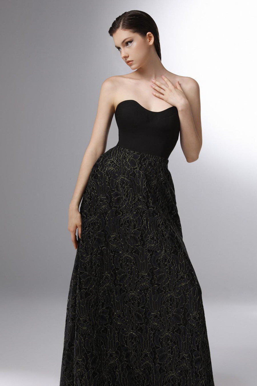 Heraldry A-line Open Shoulder Embroidered Lace Floor Length Dress 3