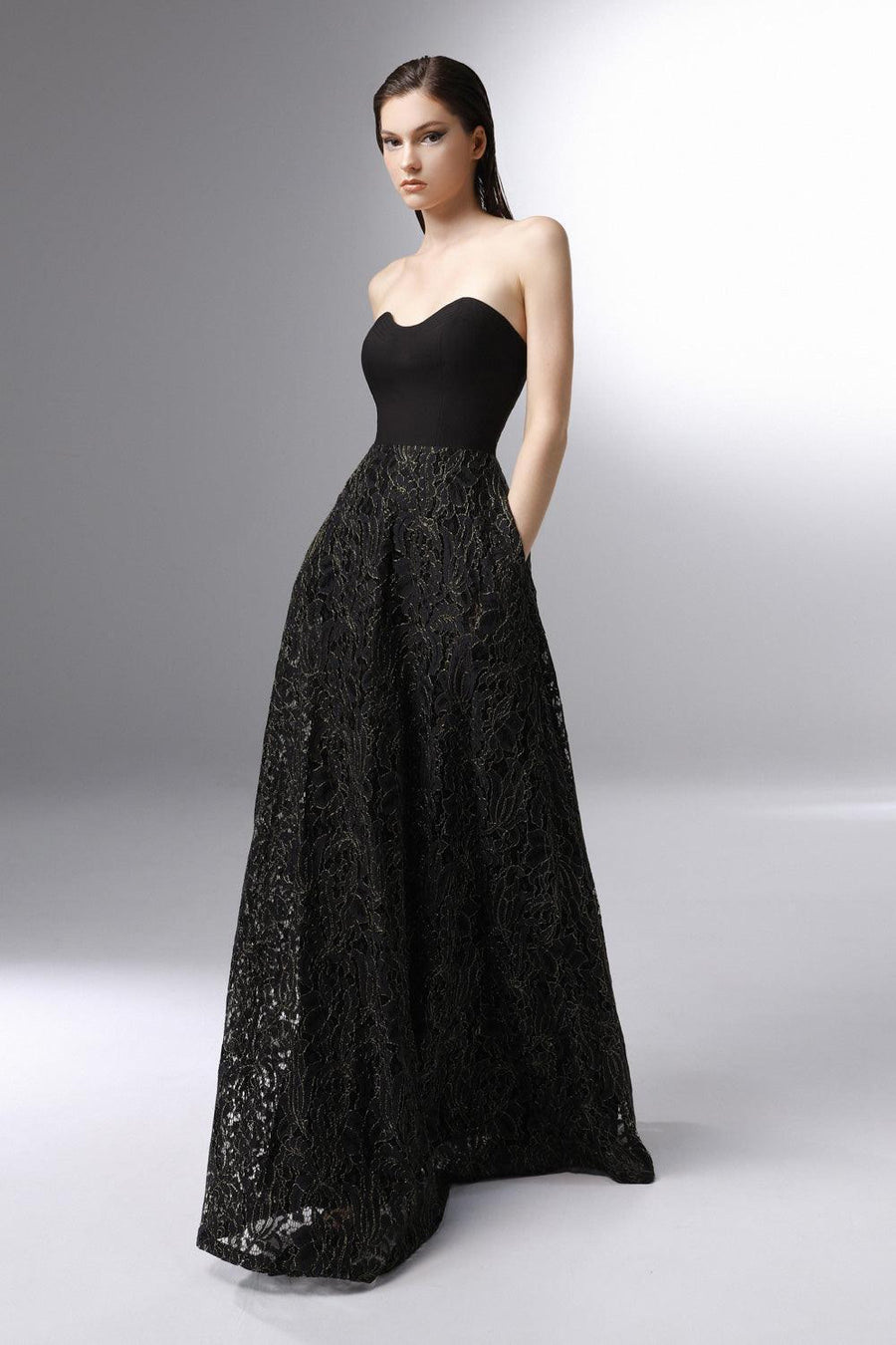 Heraldry A-line Open Shoulder Embroidered Lace Floor Length Dress 4