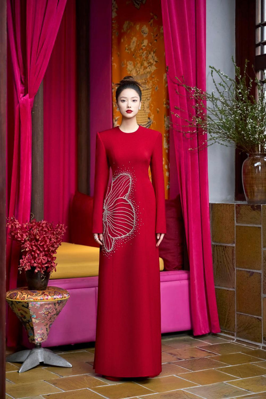 Heritg Sheath Long Sleeved Velvet Satin Maxi Dress 2
