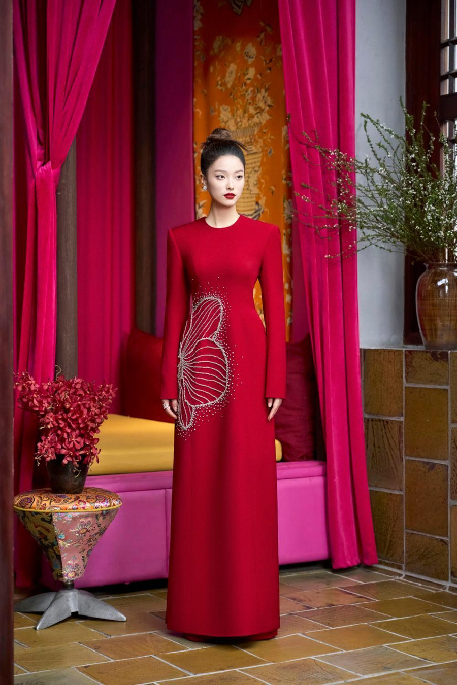 Heritg Sheath Long Sleeved Velvet Satin Maxi Dress 4