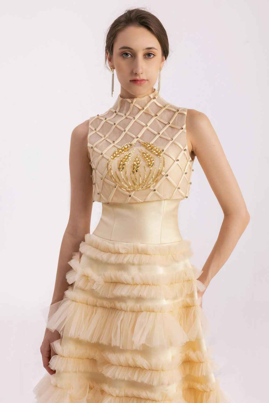 Hester Layered Sleeveless Mesh Silk Floor Length Dress