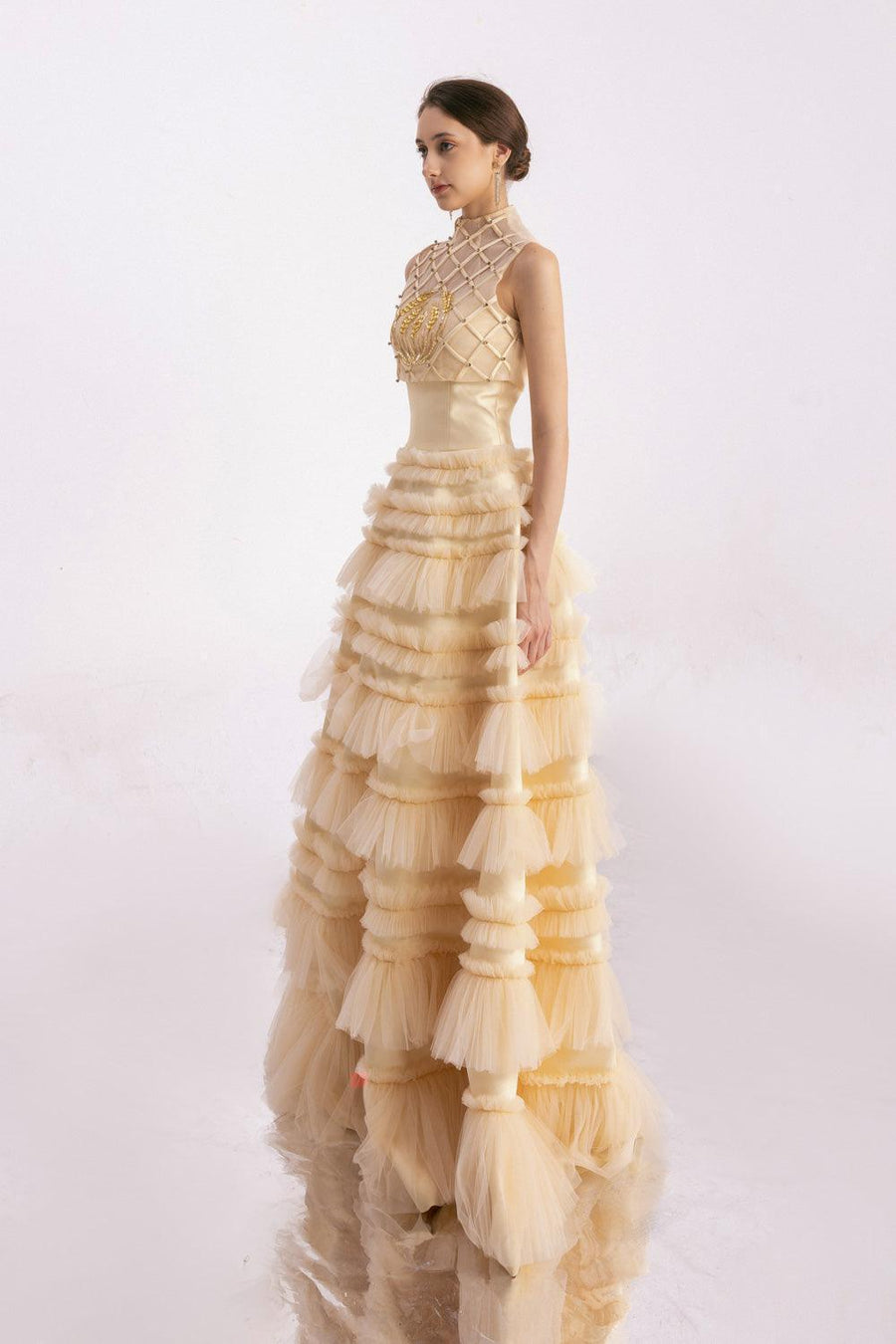 Hester Layered Sleeveless Mesh Silk Floor Length Dress 6