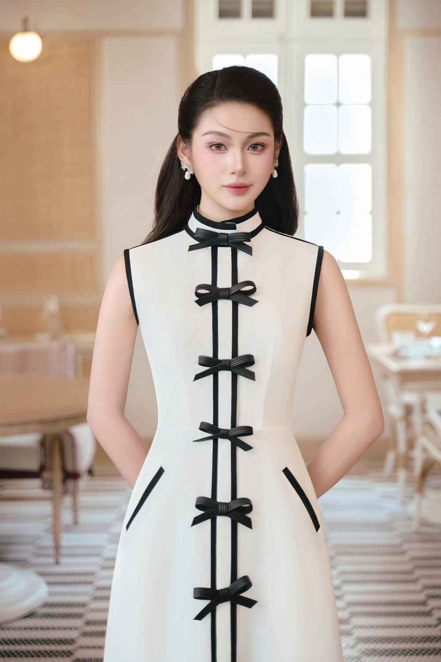 Hilary A-line Bow Linen Cotton Midi Dress