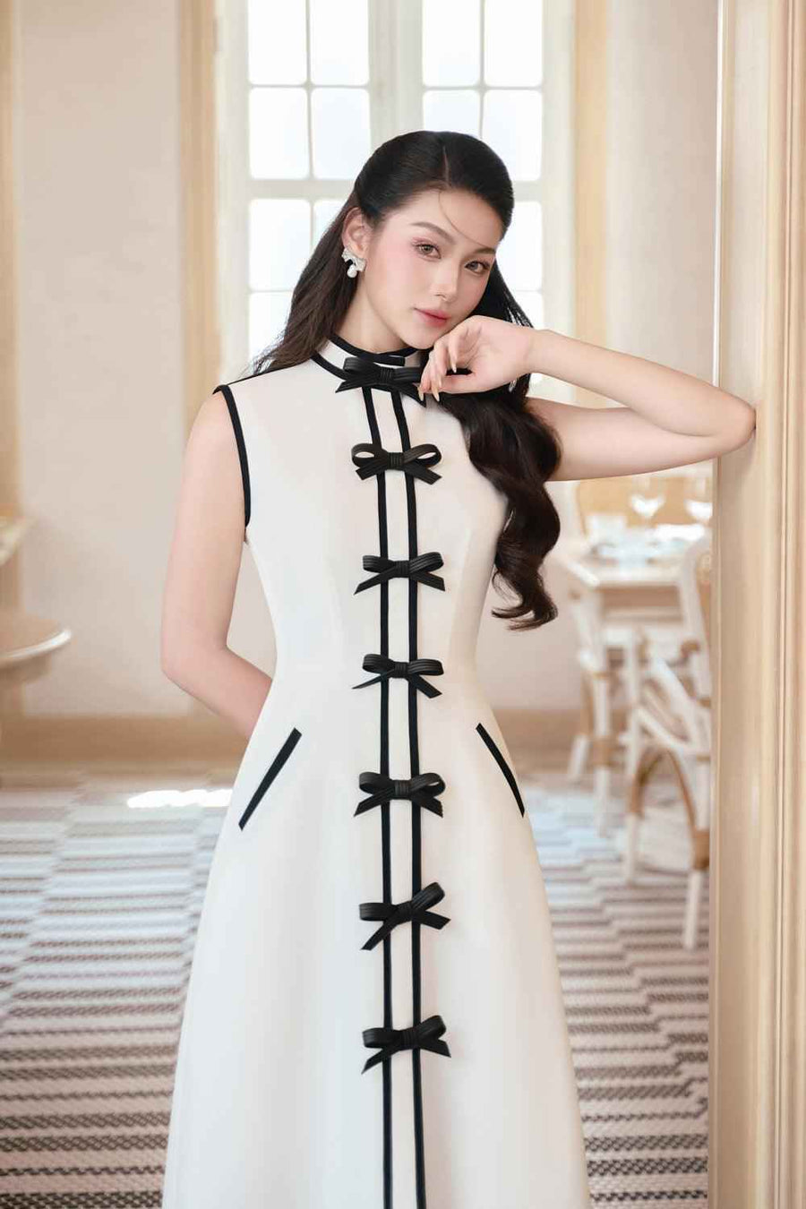 Hilary A-line Bow Linen Cotton Midi Dress