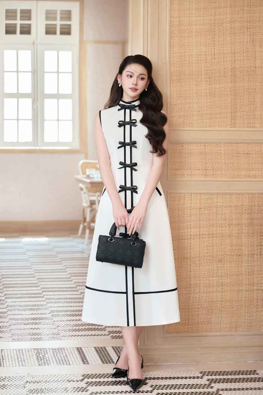 Hilary A-line Bow Linen Cotton Midi Dress