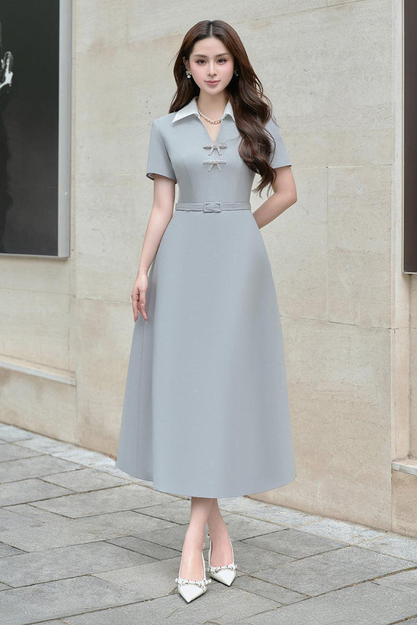 Hilga A-line Collared Neck Linen Cotton Midi Dress