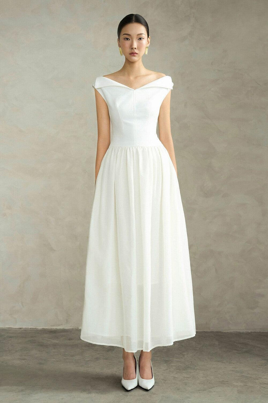 Hira A-line Sailor Collar Neck Silk Crepe Ankle Length Dress Maxi Dress Eegen Studio