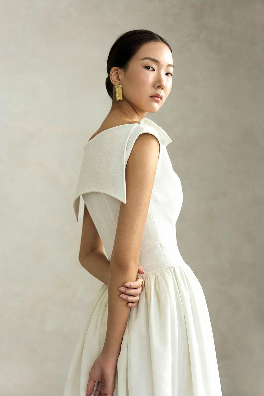 Hira A-line Sailor Collar Neck Silk Crepe Ankle Length Dress Maxi Dress Eegen Studio