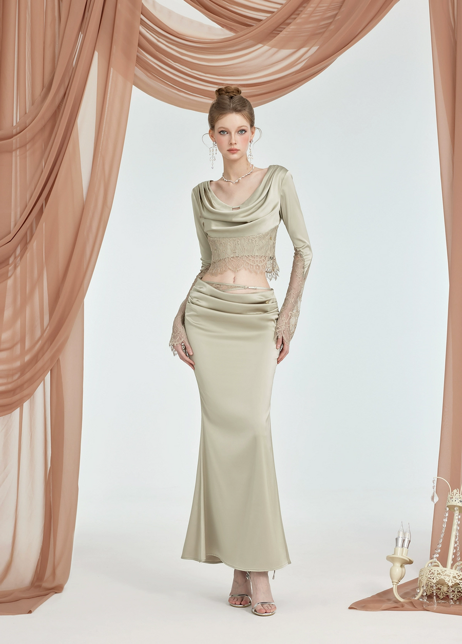 Lyra lace patchwork backless top summer new fish tail half length long skirt two piece set for women Set sheer luck