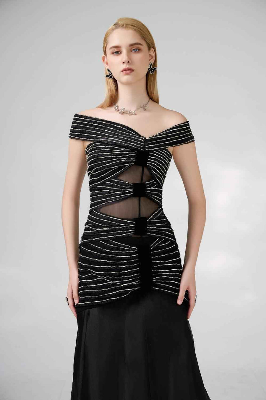 Hodges Drop Waist Off-Shoulder Organza Floor Length Dress