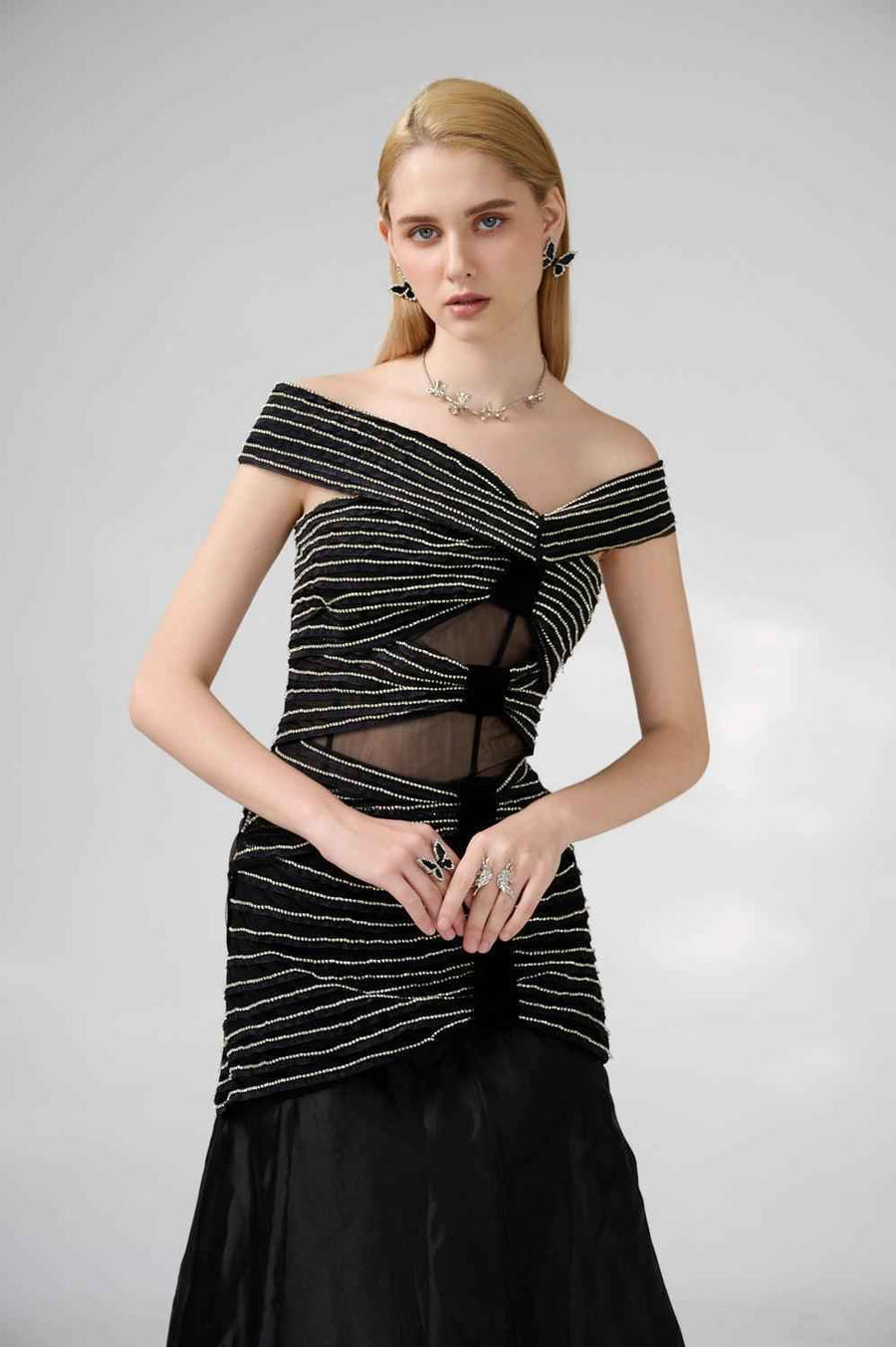 Hodges Drop Waist Off-Shoulder Organza Floor Length Dress
