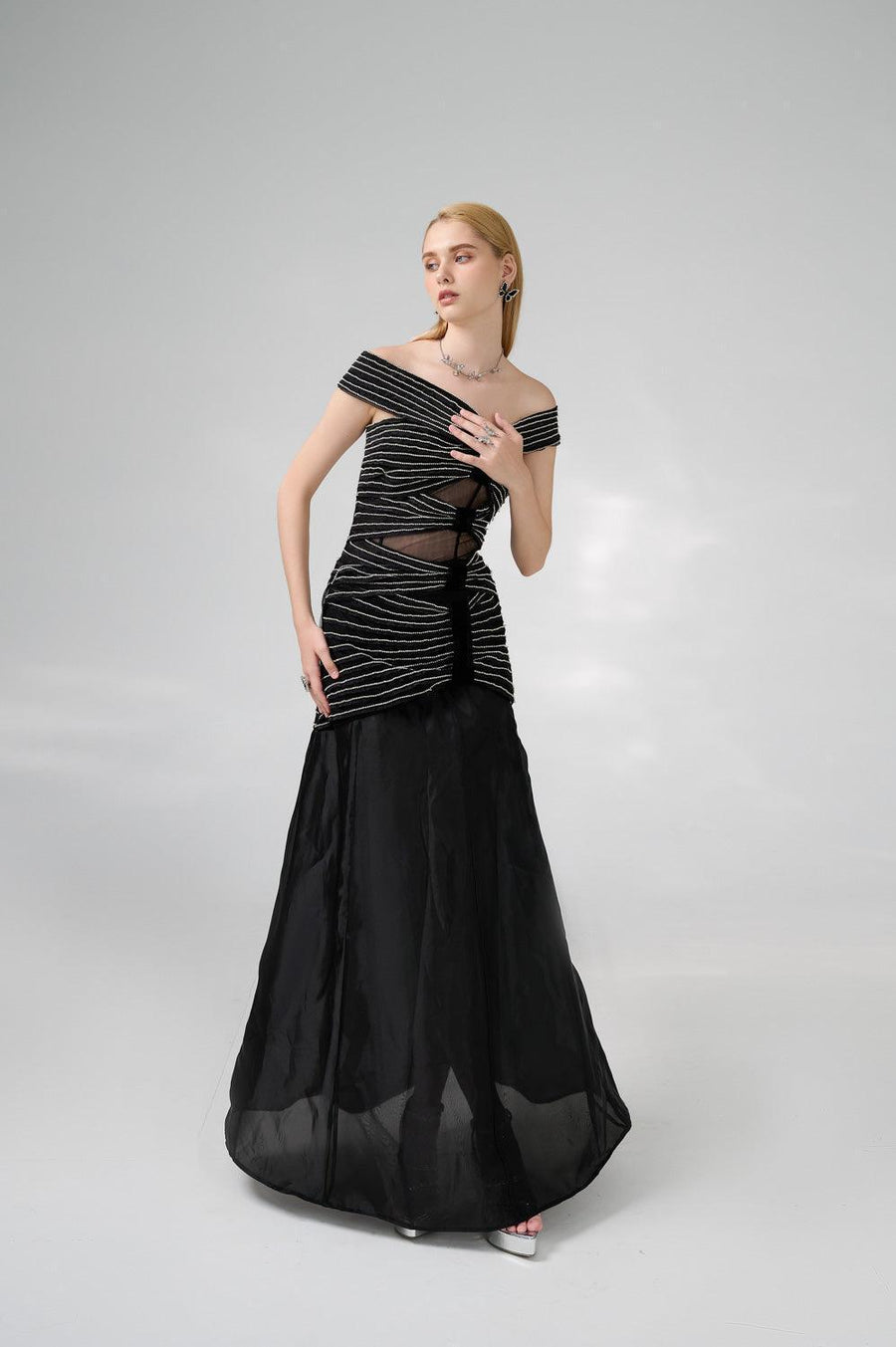 Hodges Drop Waist Off-Shoulder Organza Floor Length Dress 6
