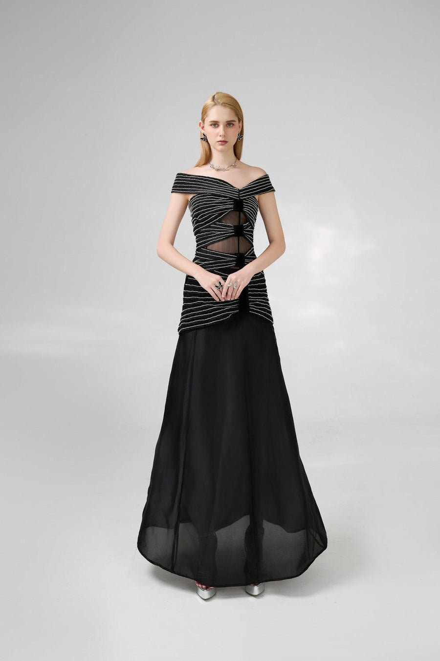 Hodges Drop Waist Off-Shoulder Organza Floor Length Dress 8