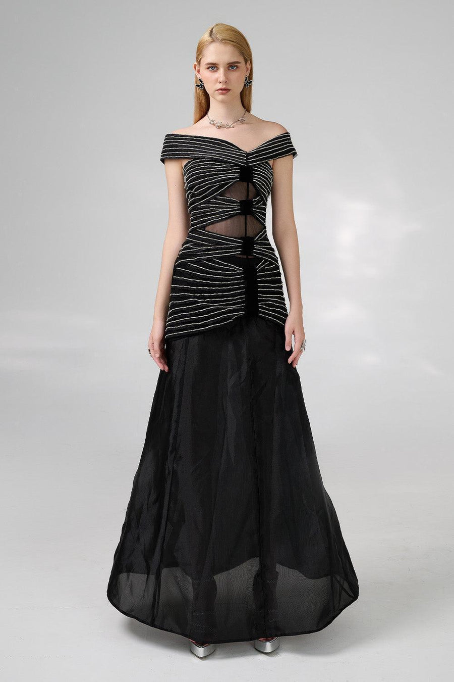 Hodges Drop Waist Off-Shoulder Organza Floor Length Dress 9